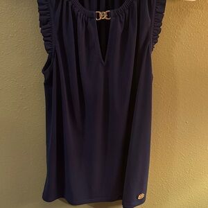 Michael Kors Navy Ruffle-Shoulder Sleeveless Tank with Gold Bar